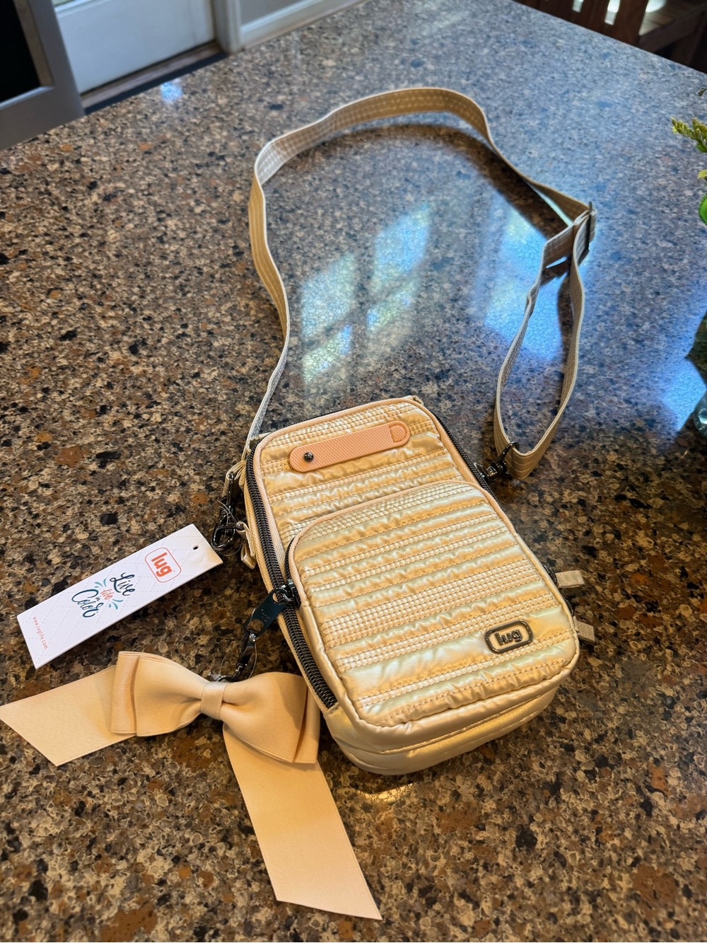 Lug Beige Quilted Crossbody Bag with Bow with RFID Identification Protection